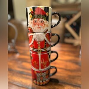 MacKenzie-Childs Santa Nutcracker Stacking Mug Set Courtly Check & Tartan Set 4